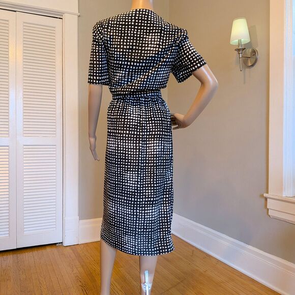 Vintage 80s Leslie Fay Polka Dot Midi Dress, Belted Black, Corpcore Office 14 - Picture 3 of 12